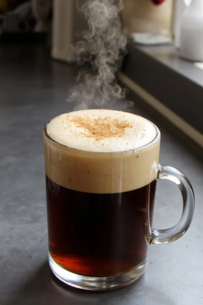 Steaming hot cup of coffee with frothy milk and cinnamon on a grey counter.