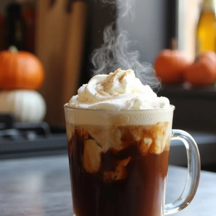 Steaming hot pumpkin spice latte topped with whipped cream, perfect for a cozy autumn morning.