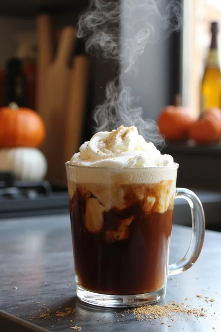 Steaming hot pumpkin spice latte topped with whipped cream, perfect for a cozy autumn morning.