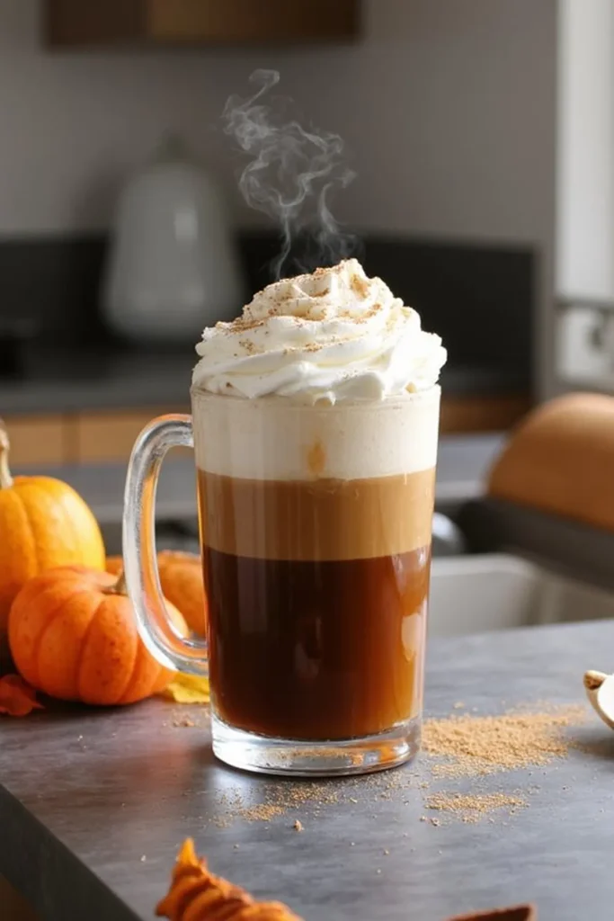 Steaming pumpkin spice latte with whipped cream on a countertop, surrounded by small pumpkins.