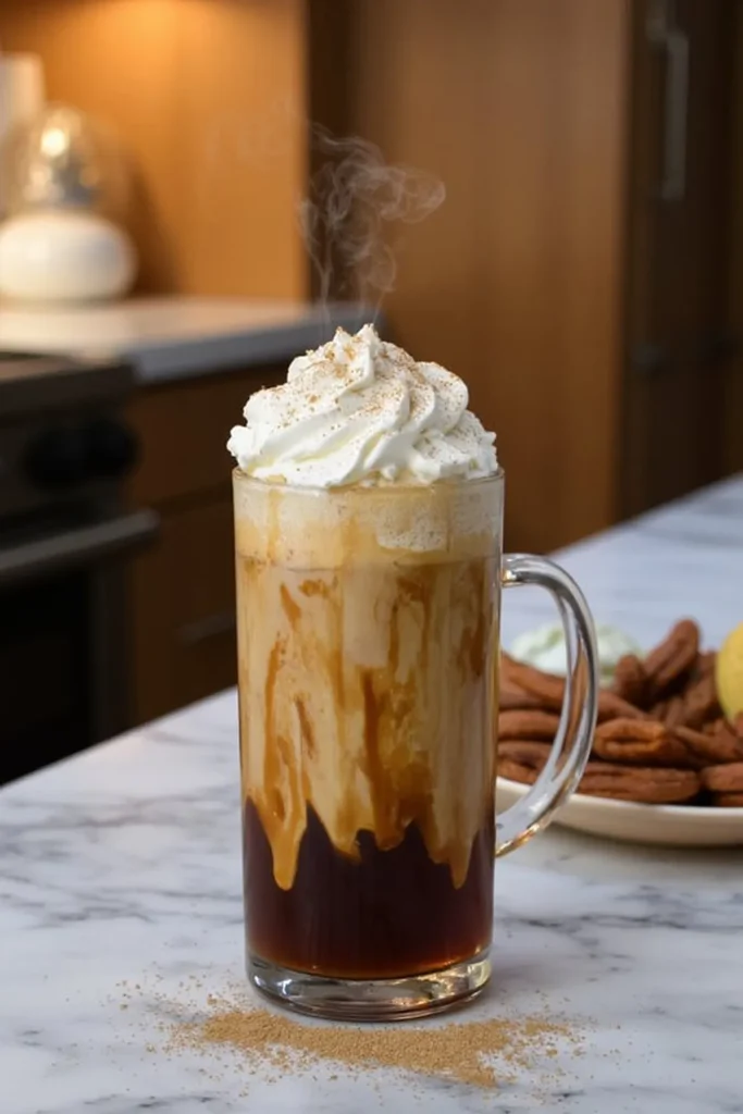 Steaming caramel latte topped with whipped cream on a marble countertop in a cozy kitchen setting.