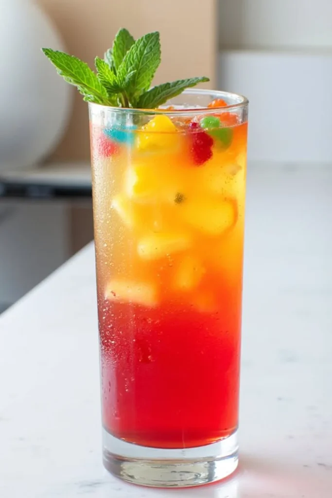 Vibrant tropical cocktail in a tall glass, garnished with fresh mint leaves, ice cubes, and colorful fruit slices.