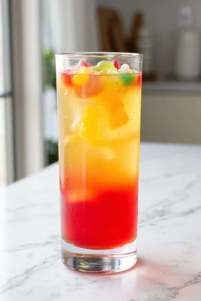 Tall glass of colorful layered juice topped with ice and gummy bears, on a marble countertop.