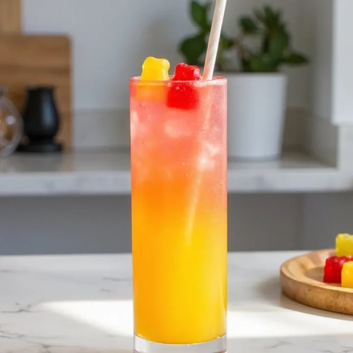 Tall glass of a colorful fruity cocktail with ice, topped with gummy bears, on a marble countertop.