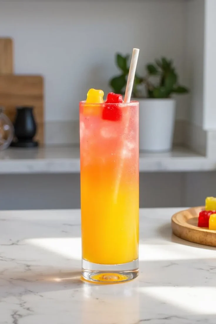 Tall glass of a colorful fruity cocktail with ice, topped with gummy bears, on a marble countertop.