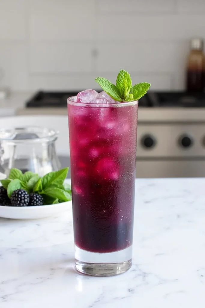 Tall glass of iced blackberry mojito with mint garnish on a marble countertop. Refreshing summer cocktail.