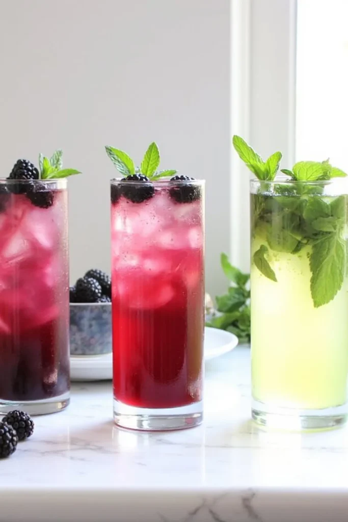 Three refreshing berry and mint iced tea glasses on a marble counter, garnished with fresh mint and blackberries.