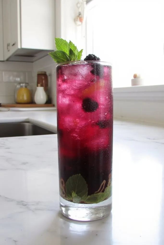 Refreshing blackberry cocktail with mint leaves on a marble countertop in a modern kitchen.