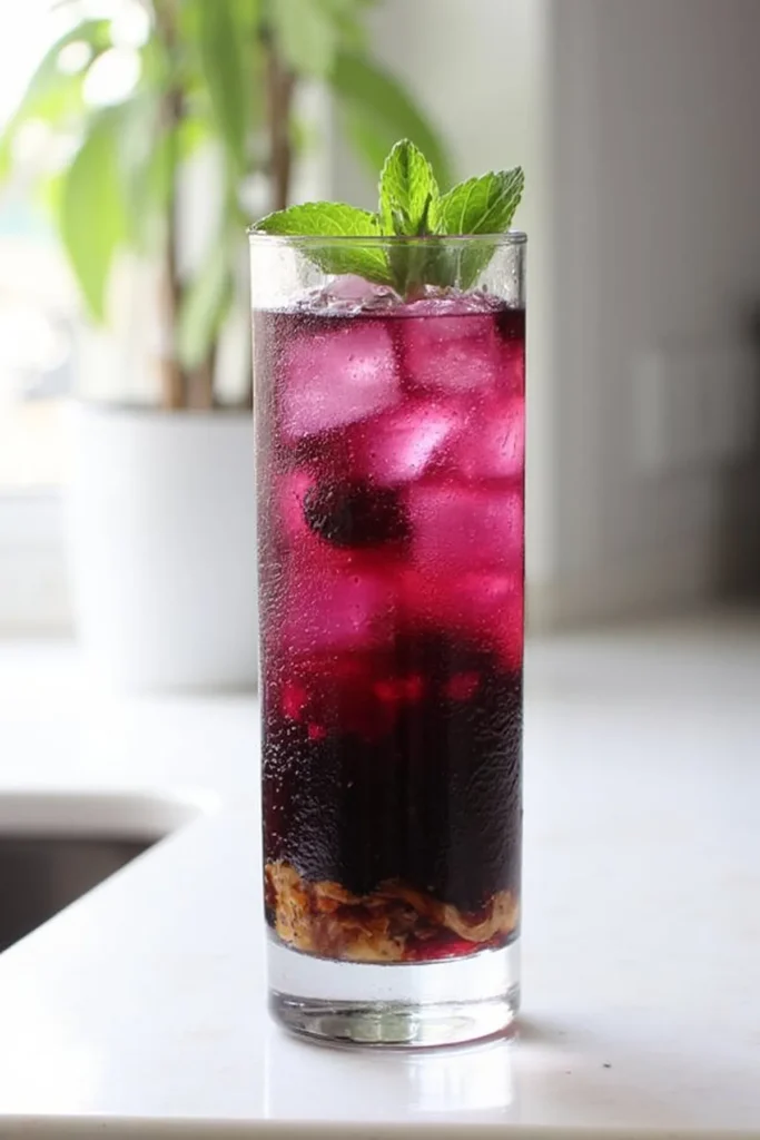 Refreshing purple mocktail with ice and mint garnish in a tall glass on a bright kitchen counter.
