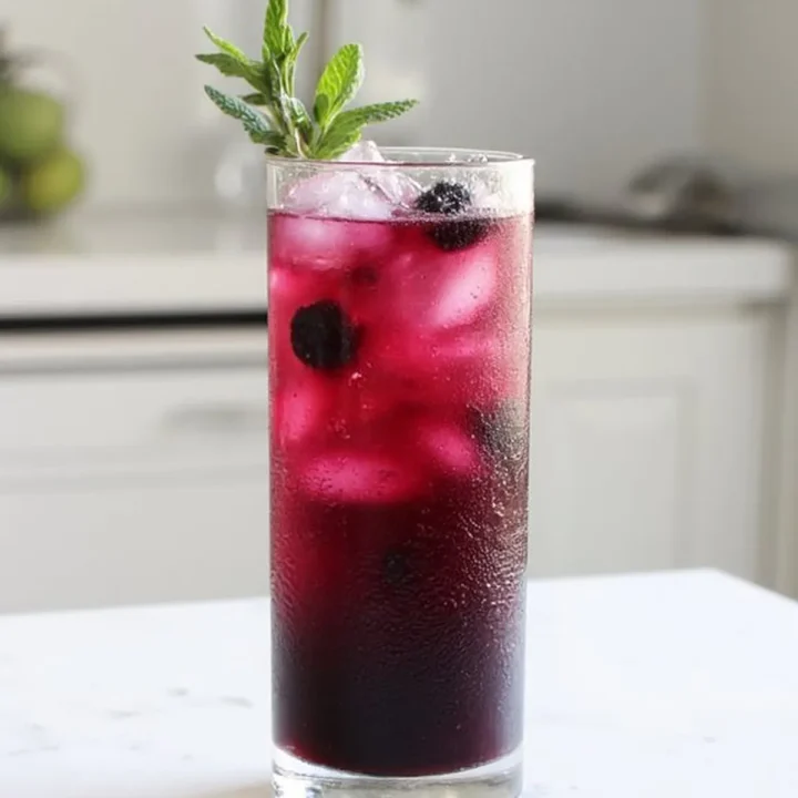 Chilled berry cocktail in a tall glass with ice and mint garnish on a kitchen counter.