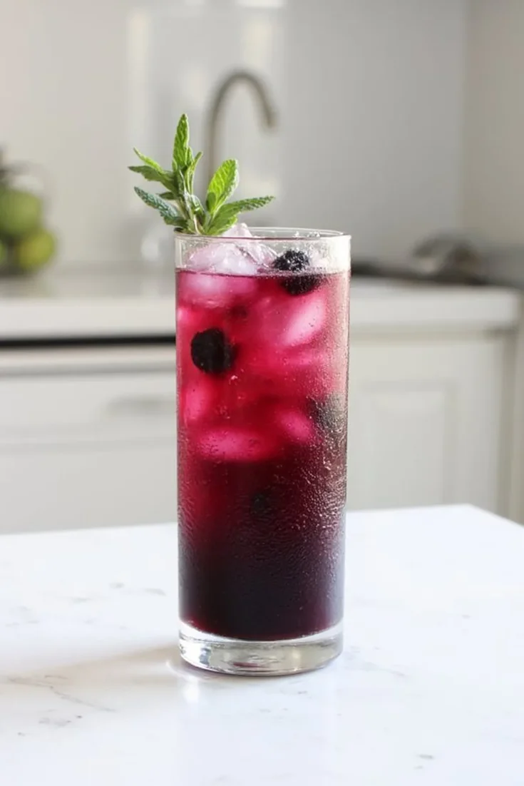 Chilled berry cocktail in a tall glass with ice and mint garnish on a kitchen counter.