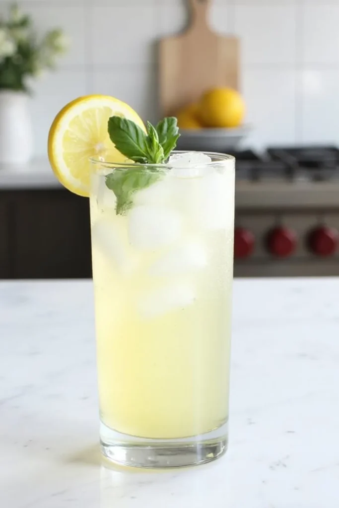 Refreshing lemonade in a glass with lemon slice and mint garnish, on a kitchen counter.