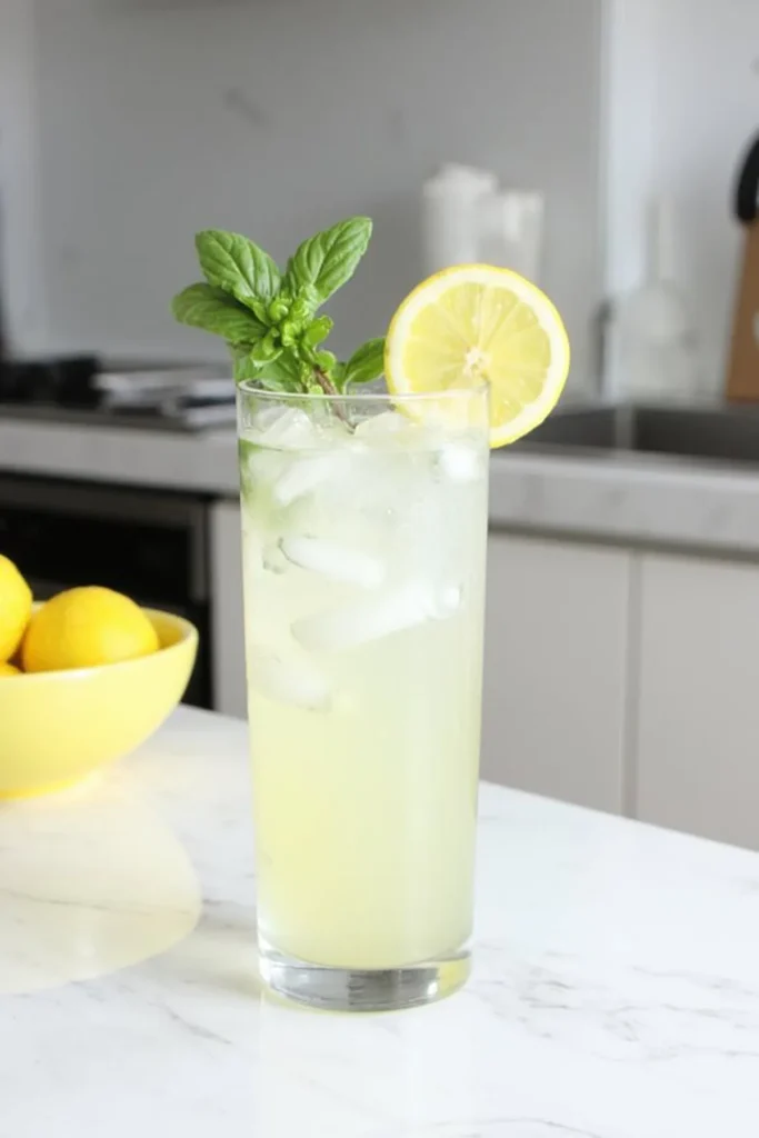 Refreshing iced lemonade with lemon slice and mint garnish, served in a tall glass on a kitchen counter.