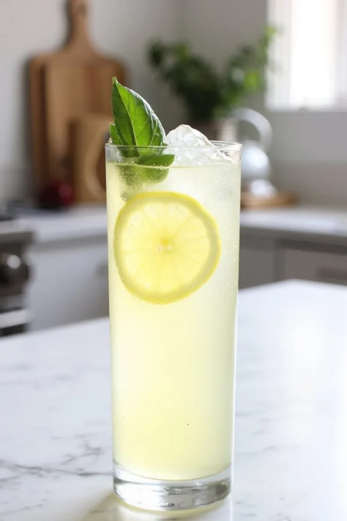 Refreshing lemonade with lemon slice and basil on a marble countertop, perfect for a summer drink.
