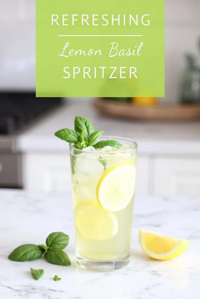 Glass of refreshing lemon basil spritzer with ice on a marble counter, garnished with basil leaves and lemon slices.