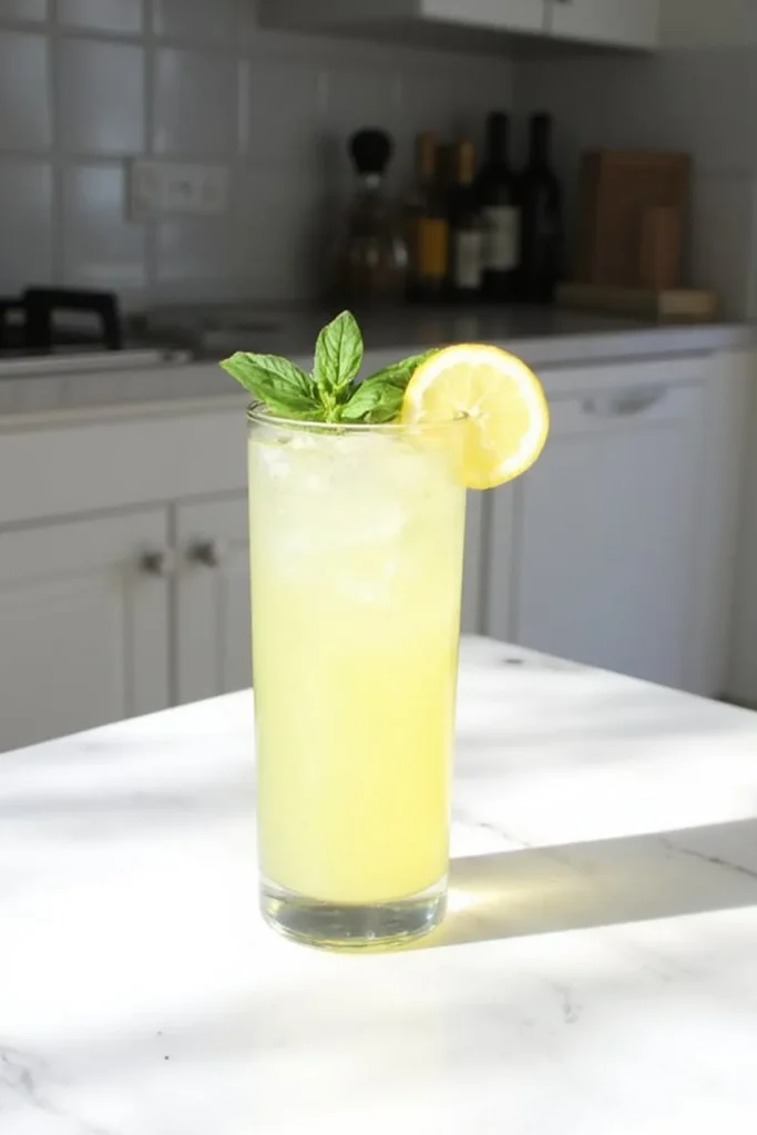 Refreshing lemonade with mint garnish and lemon slice on a sunny kitchen counter.
