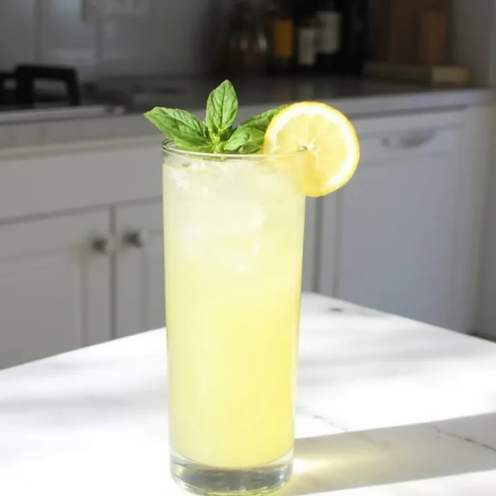 Refreshing lemonade with mint garnish and lemon slice on a sunny kitchen counter.