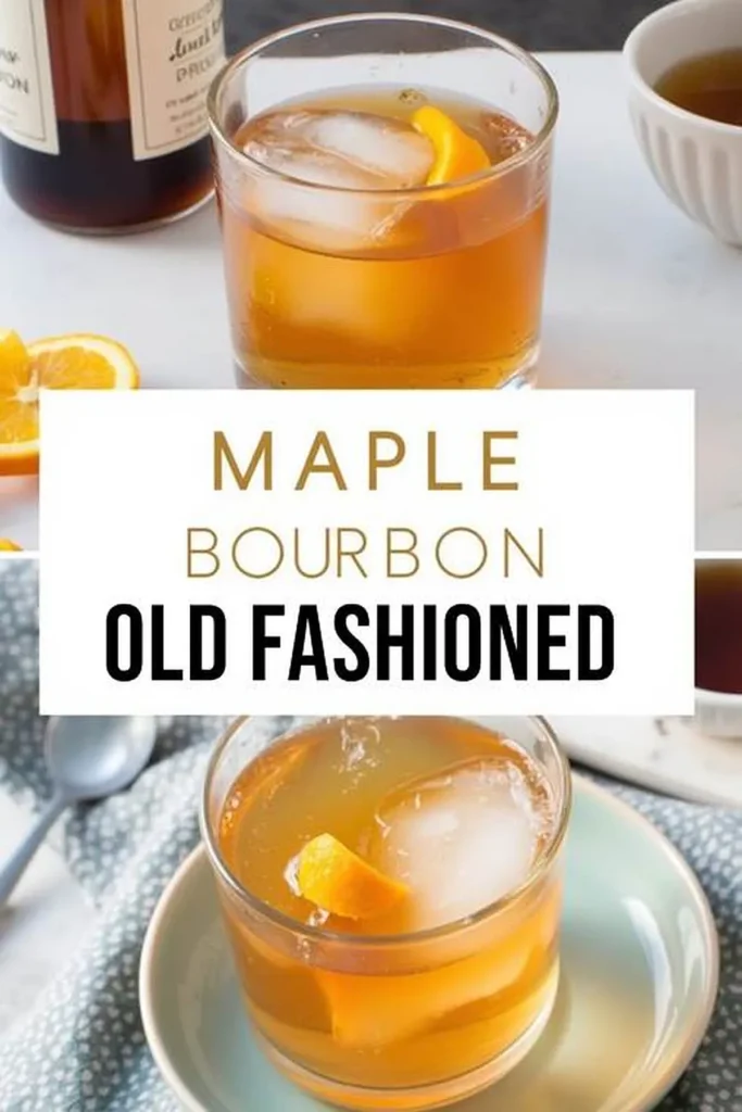 Maple Bourbon Old Fashioned cocktail with orange zest garnish on a table setting.