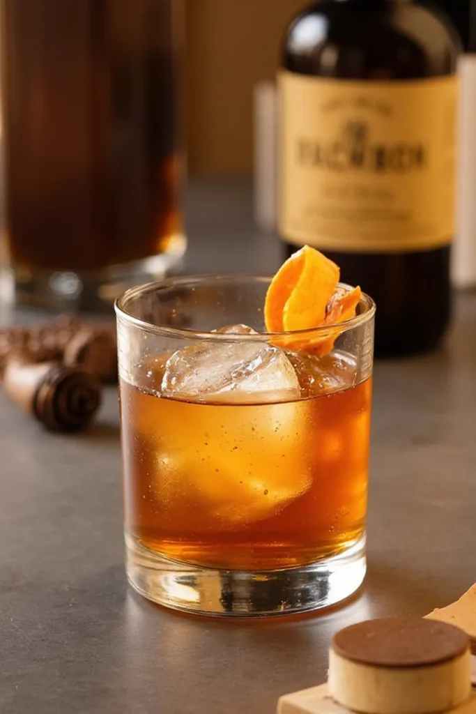 Cocktail with ice and orange garnish in a glass, bottle in background. Perfect for whiskey lovers.