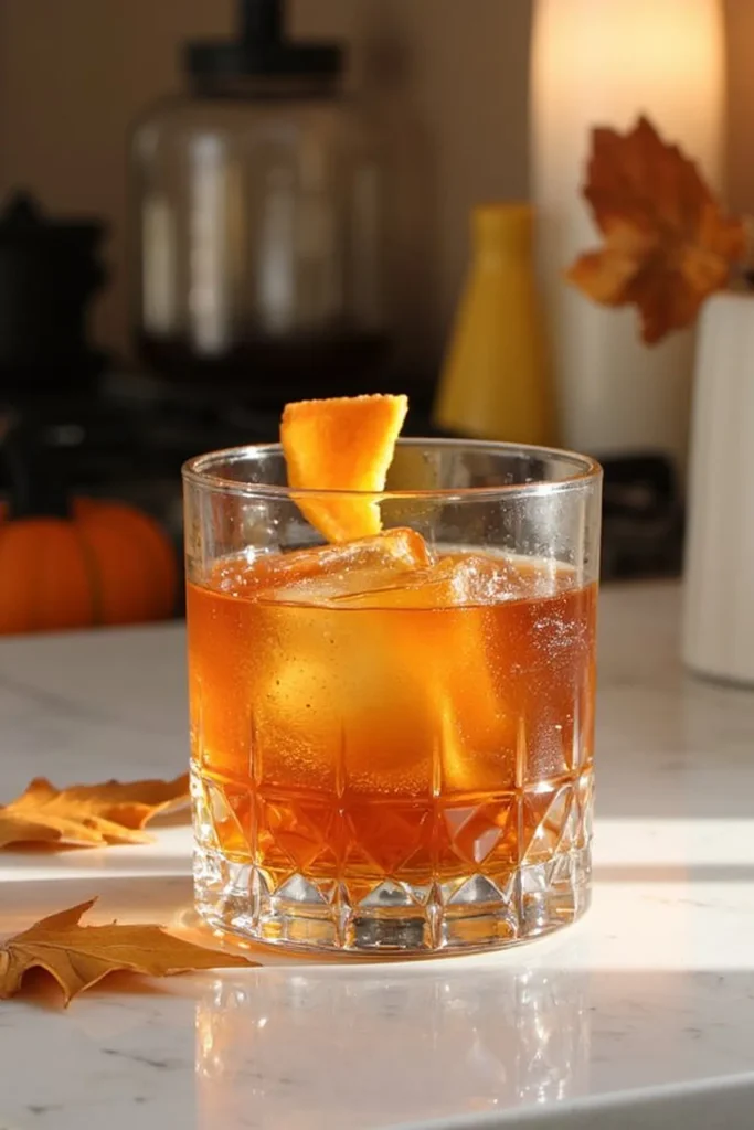 Glass of bourbon old fashioned with ice and orange peel garnish on a table with autumn leaves.