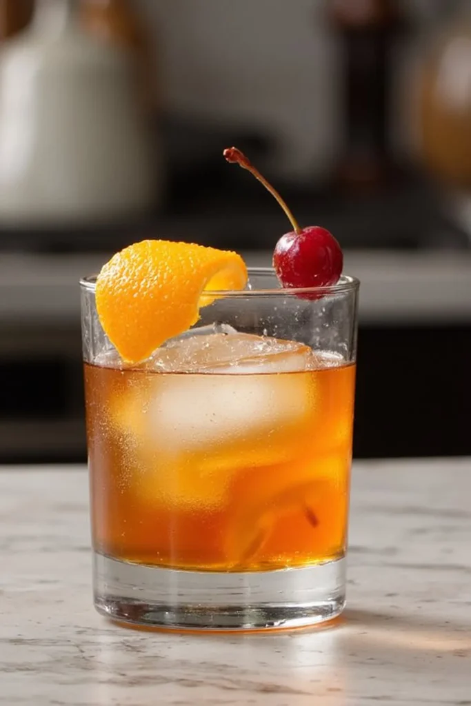 Cocktail with ice, orange peel, and cherry on a marble counter. Classic Old Fashioned drink garnished elegantly.