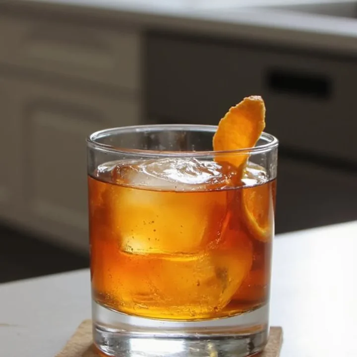 Glass of iced whiskey with orange peel garnish on a kitchen countertop.
