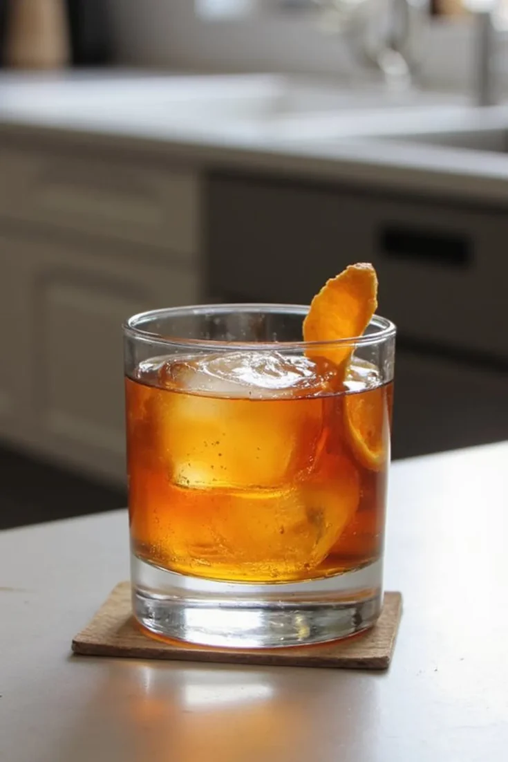 Glass of iced whiskey with orange peel garnish on a kitchen countertop.