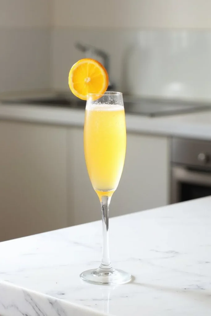 Champagne flute with orange mimosa on marble counter in kitchen.