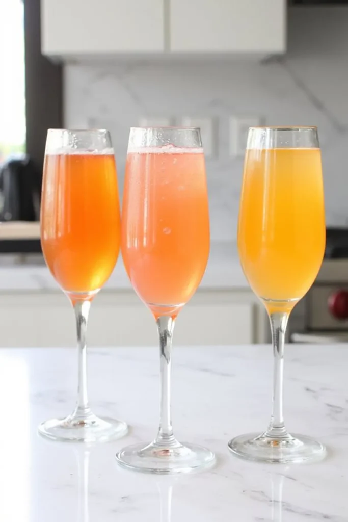 Three champagne glasses filled with orange and pink cocktails on a marble countertop in a modern kitchen setting.