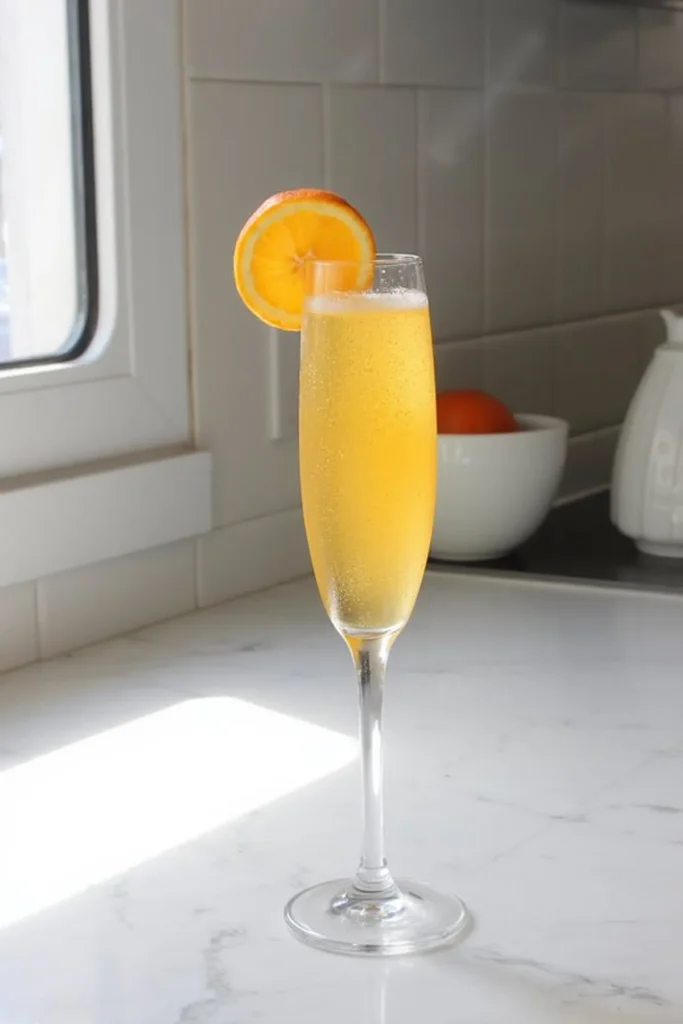 Chilled mimosa cocktail with orange slice garnish on a sunny kitchen counter.