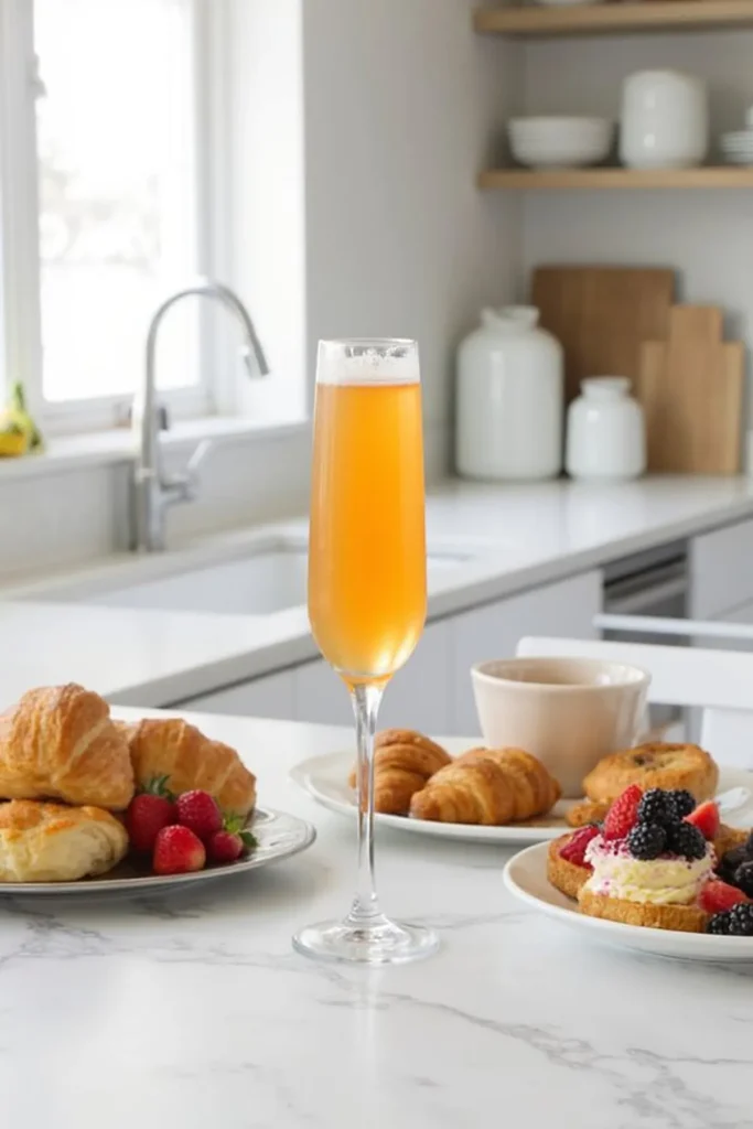 Elegant brunch setting with a mimosa, croissants, berries, and pastries on a marble countertop in a bright kitchen.
