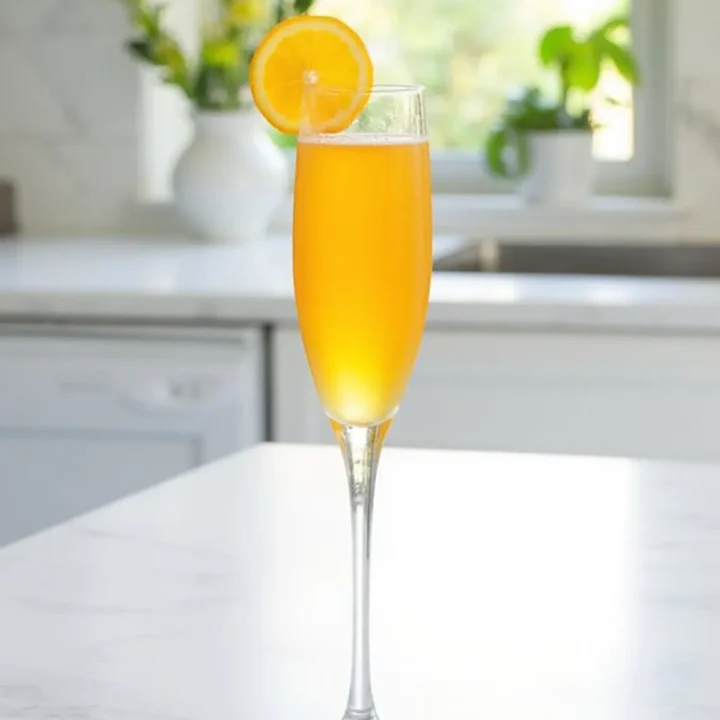 Champagne flute with orange juice and slice garnish on a marble countertop in a bright kitchen.