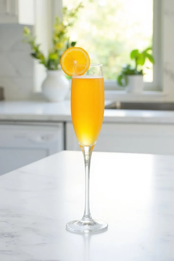 Champagne flute with orange juice and slice garnish on a marble countertop in a bright kitchen.