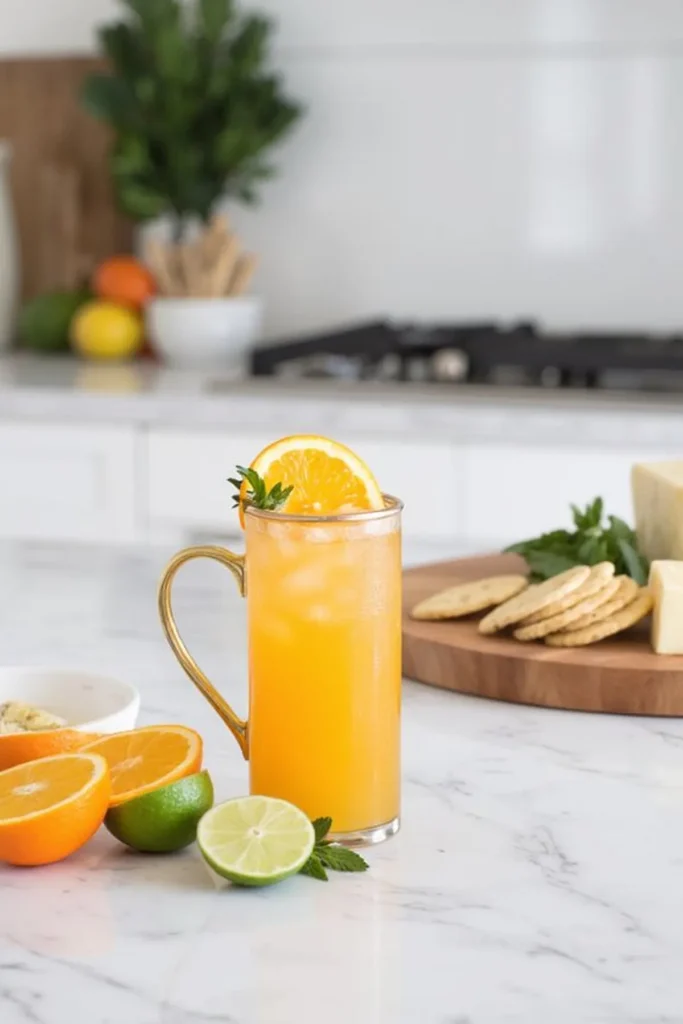 Refreshing citrus drink in a tall glass with orange slice, surrounded by sliced fruit and cheese platter on marble counter.