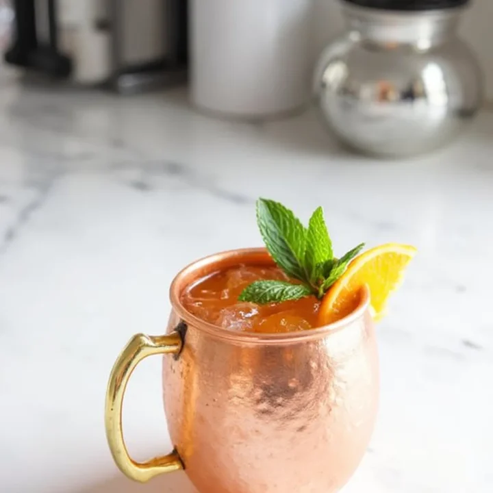Copper mug with iced cocktail, garnished with mint and orange slice, on marble countertop.