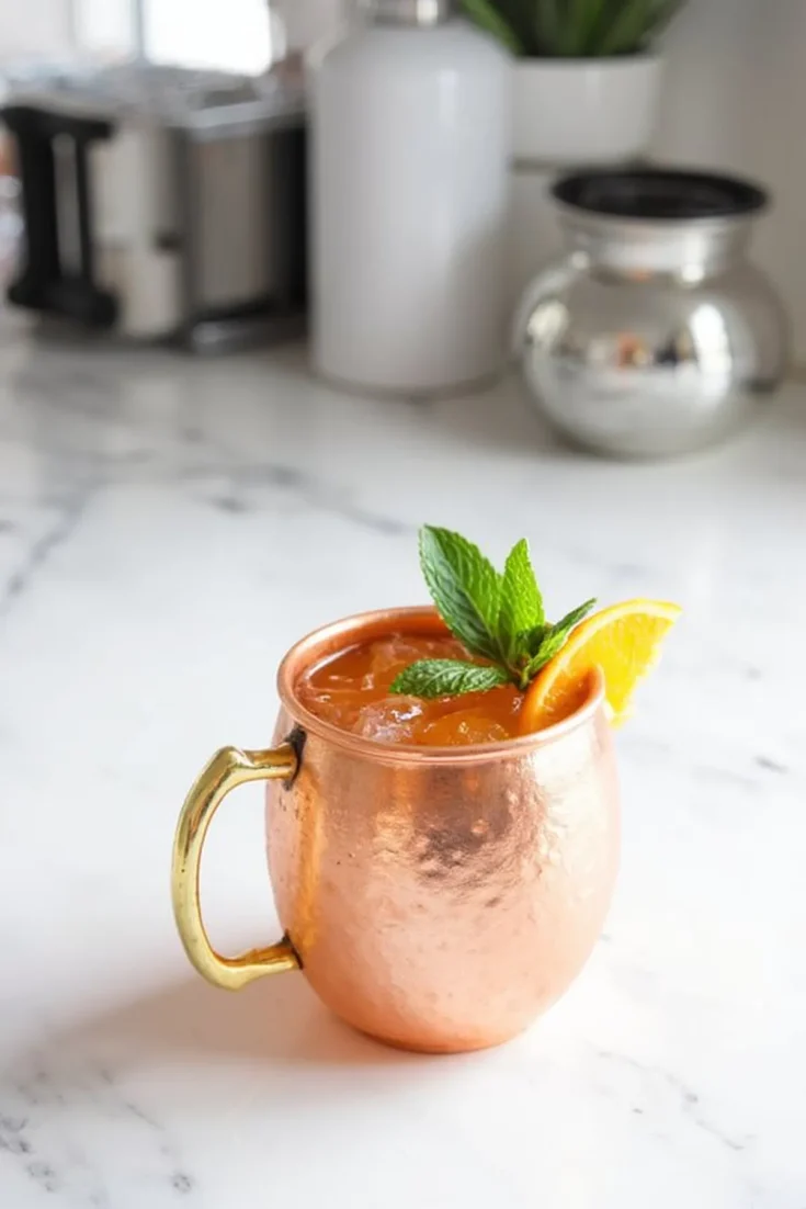 Copper mug with iced cocktail, garnished with mint and orange slice, on marble countertop.