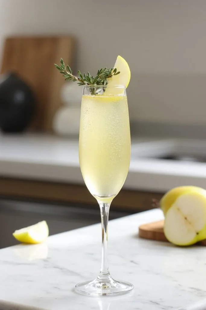 Close-up of a sparkling cocktail with apple slice and herbs garnish on a marble countertop.