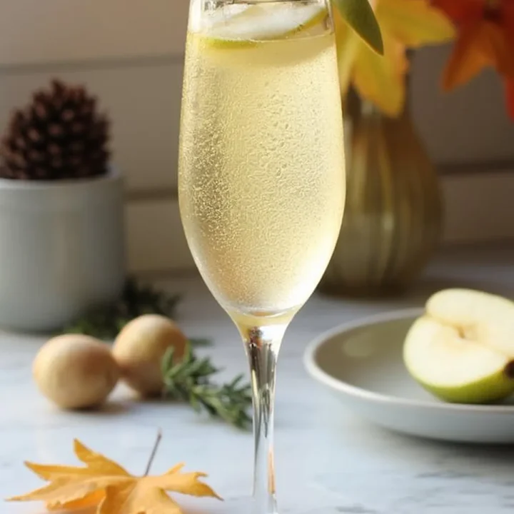 Festive cocktail in a wine glass, garnished with rosemary and apple, set against a fall-themed background.