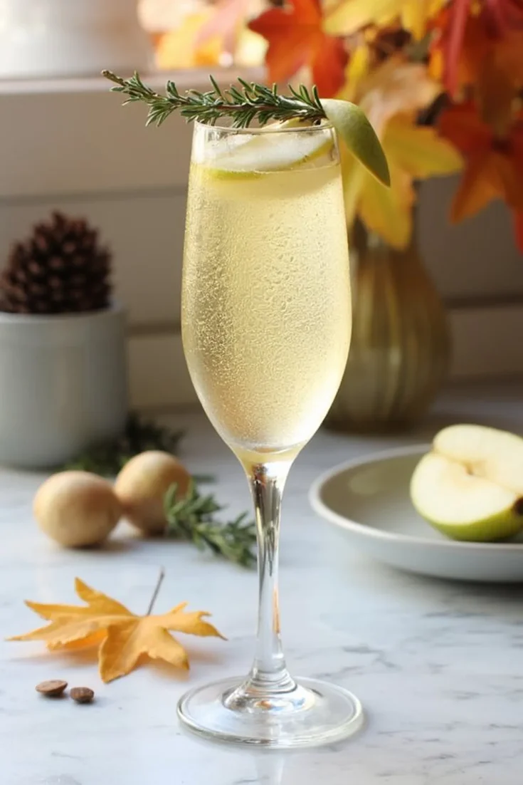 Festive cocktail in a wine glass, garnished with rosemary and apple, set against a fall-themed background.