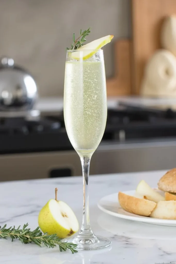 Pear mimosa with rosemary garnish in a flute glass on a marble table next to sliced baguette and fresh pear.