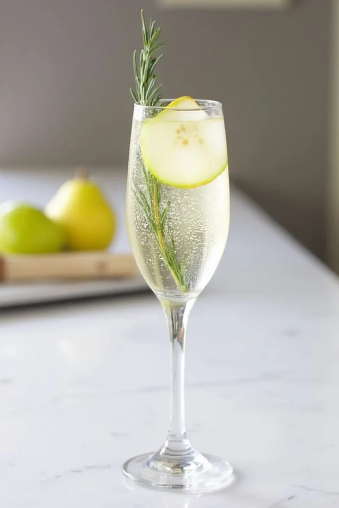 Elegant champagne flute with pear slice and rosemary, set on a marble countertop with blurred pears in the background.