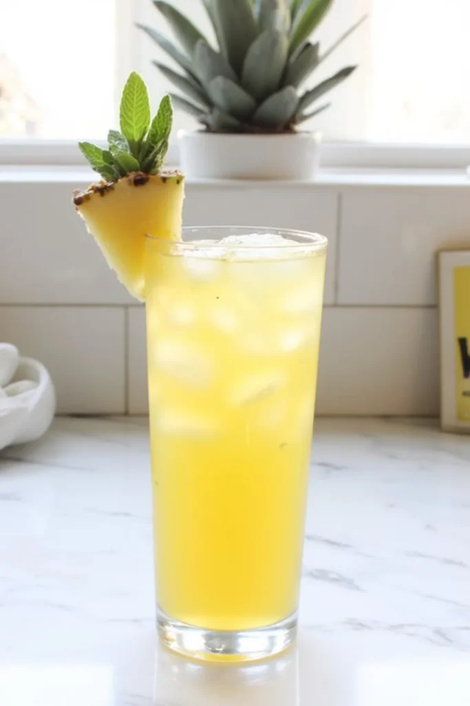 Refreshing pineapple juice in a tall glass with ice and a tropical garnish. Perfect summer drink on a marble countertop.