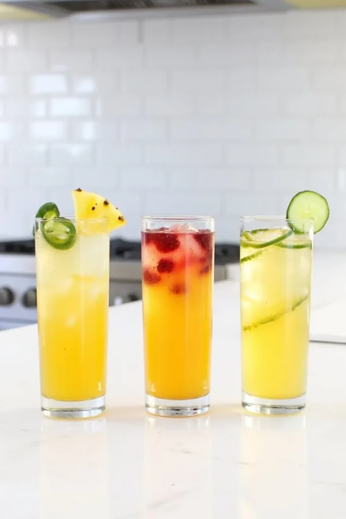 Three colorful cocktails with garnishes of pineapple, raspberries, jalapeños, and cucumber on a kitchen countertop.