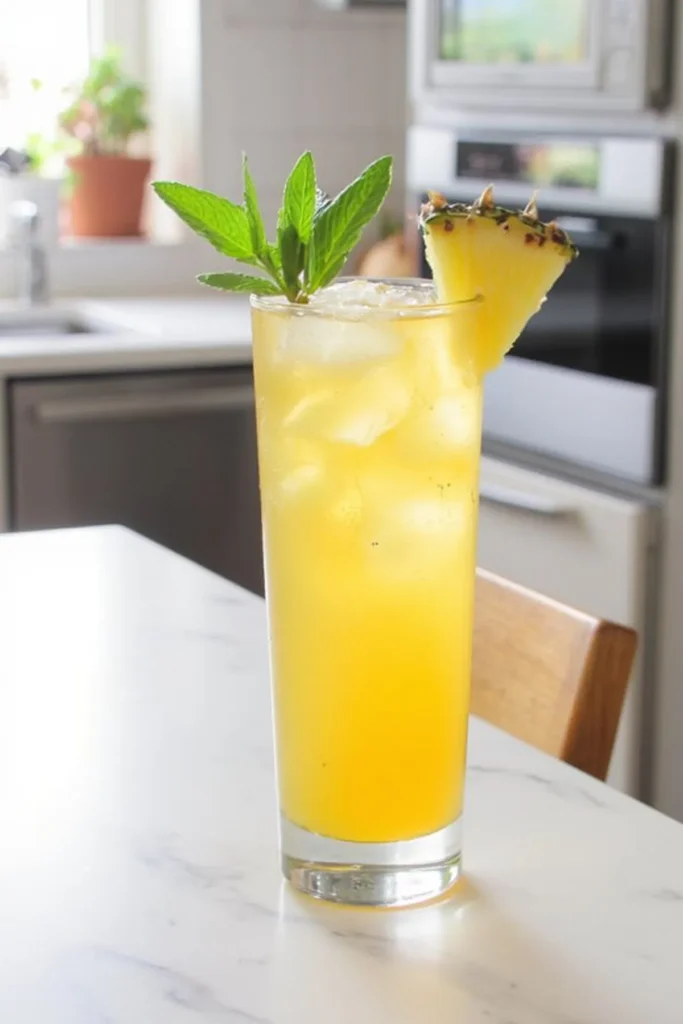 Tall pineapple cocktail with mint garnish on a kitchen counter. Refreshing summer drink with ice cubes. Pineapple Ginger Beer Mocktail
