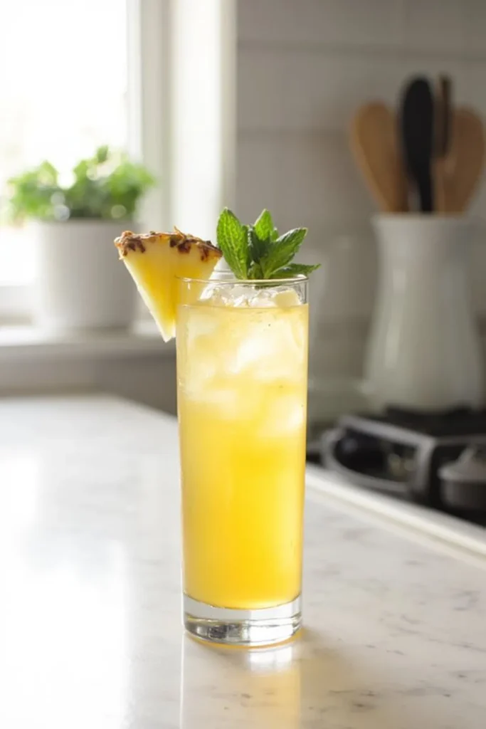 Tall glass of refreshing pineapple juice garnished with a pineapple slice and mint leaves on a kitchen counter.