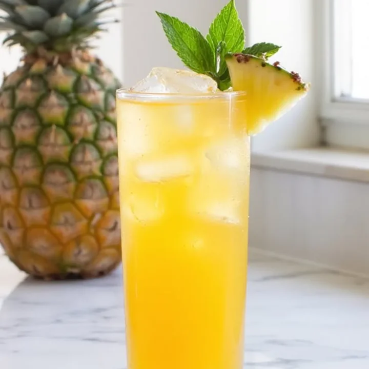 Refreshing pineapple juice with ice and mint garnish on a marble table.