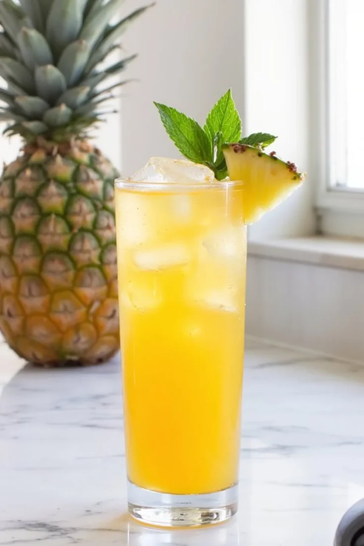 Refreshing pineapple juice with ice and mint garnish on a marble table.