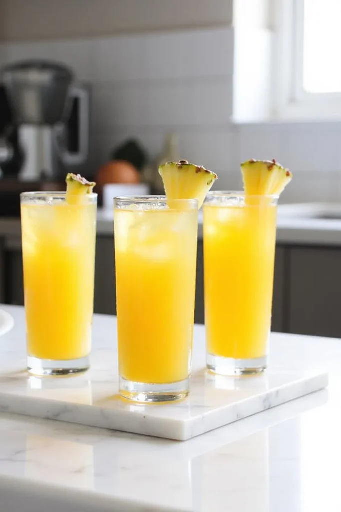 Three glasses of refreshing pineapple juice garnished with pineapple slices on a kitchen counter.