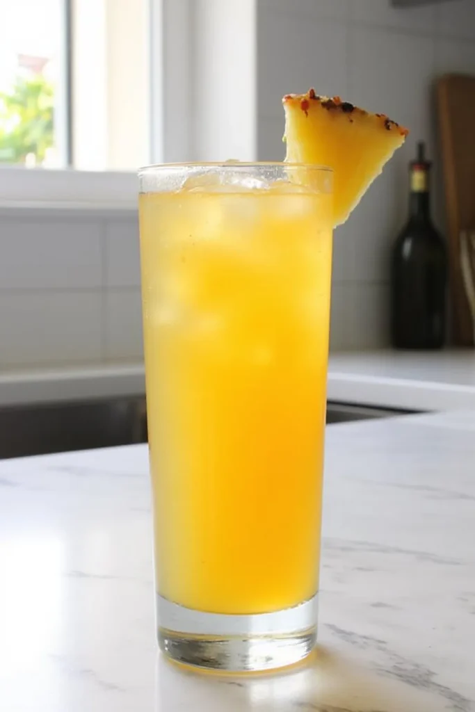Refreshing pineapple juice with ice in a glass, garnished with a spicy pineapple wedge, on a kitchen countertop.