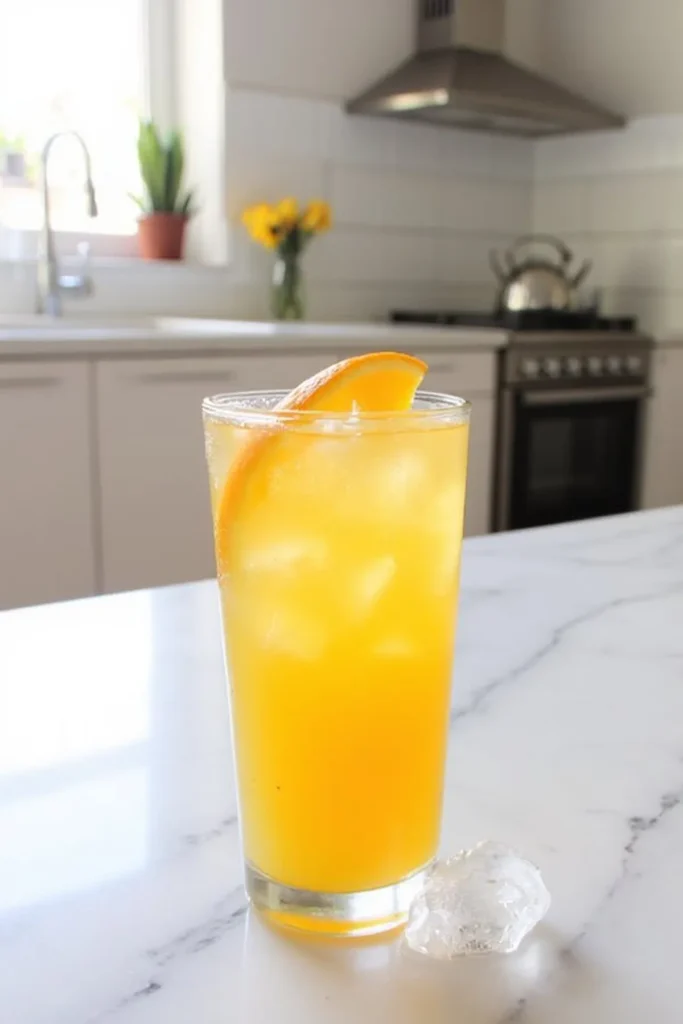 Refreshingly chilled orange juice in a tall glass with a slice of orange, against a bright kitchen backdrop.